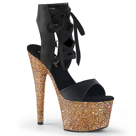 Pleaser Sandalias para mujer ADORE-700-14LG BLK Faux Cuero / Gold Rose Multi Brillo
