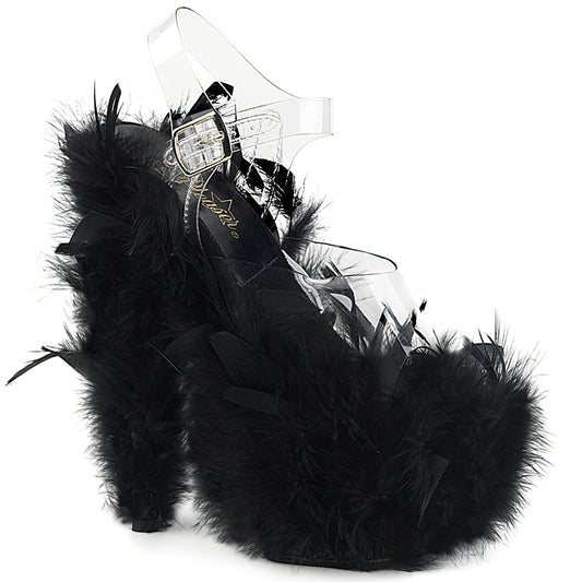 Pleaser Sandalias para mujer ADORE-708F clr / blk marabou pluma