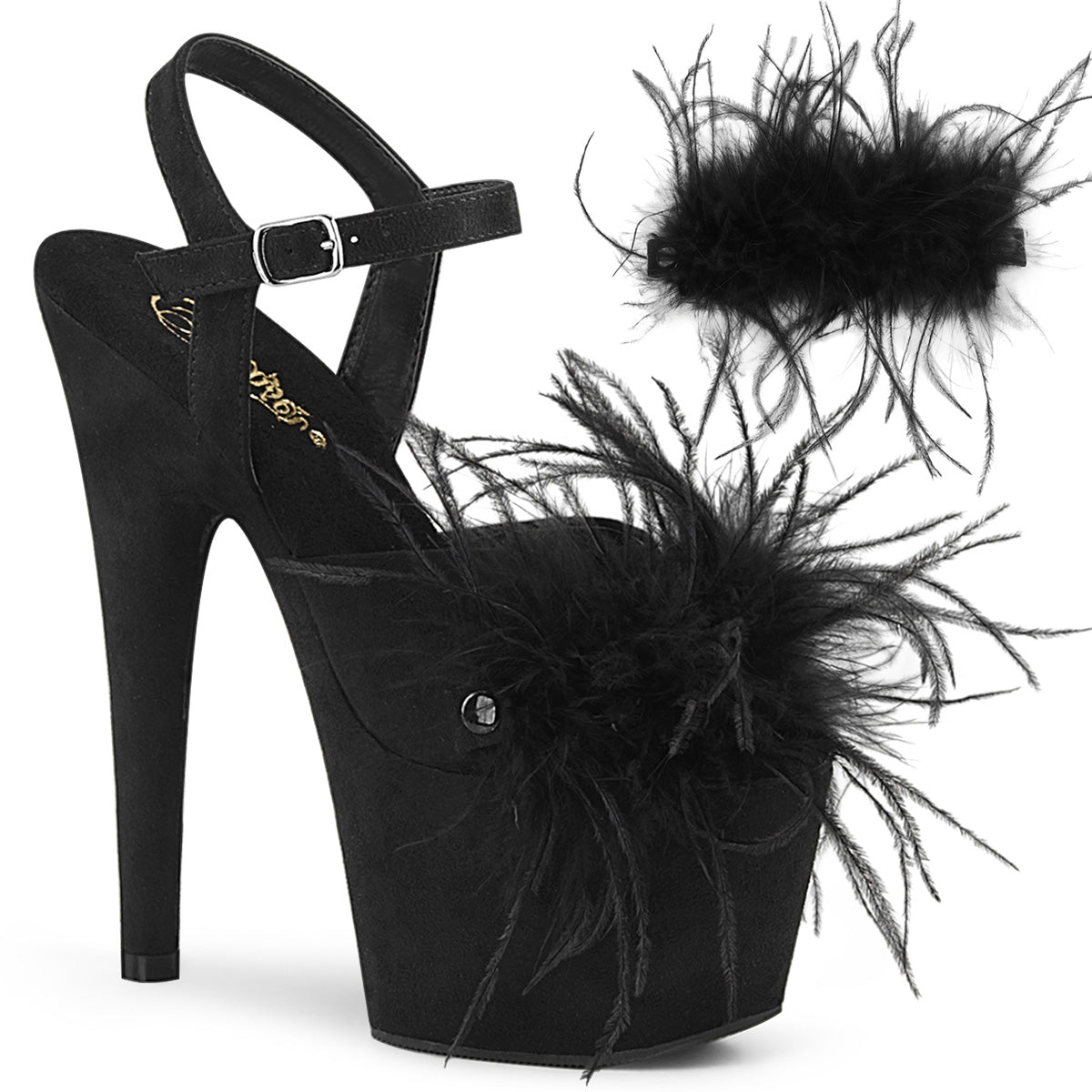 Pleaser Sandalias para mujer ADORE-709F BLK Faux Suede-Feather / Blk Faux Suede