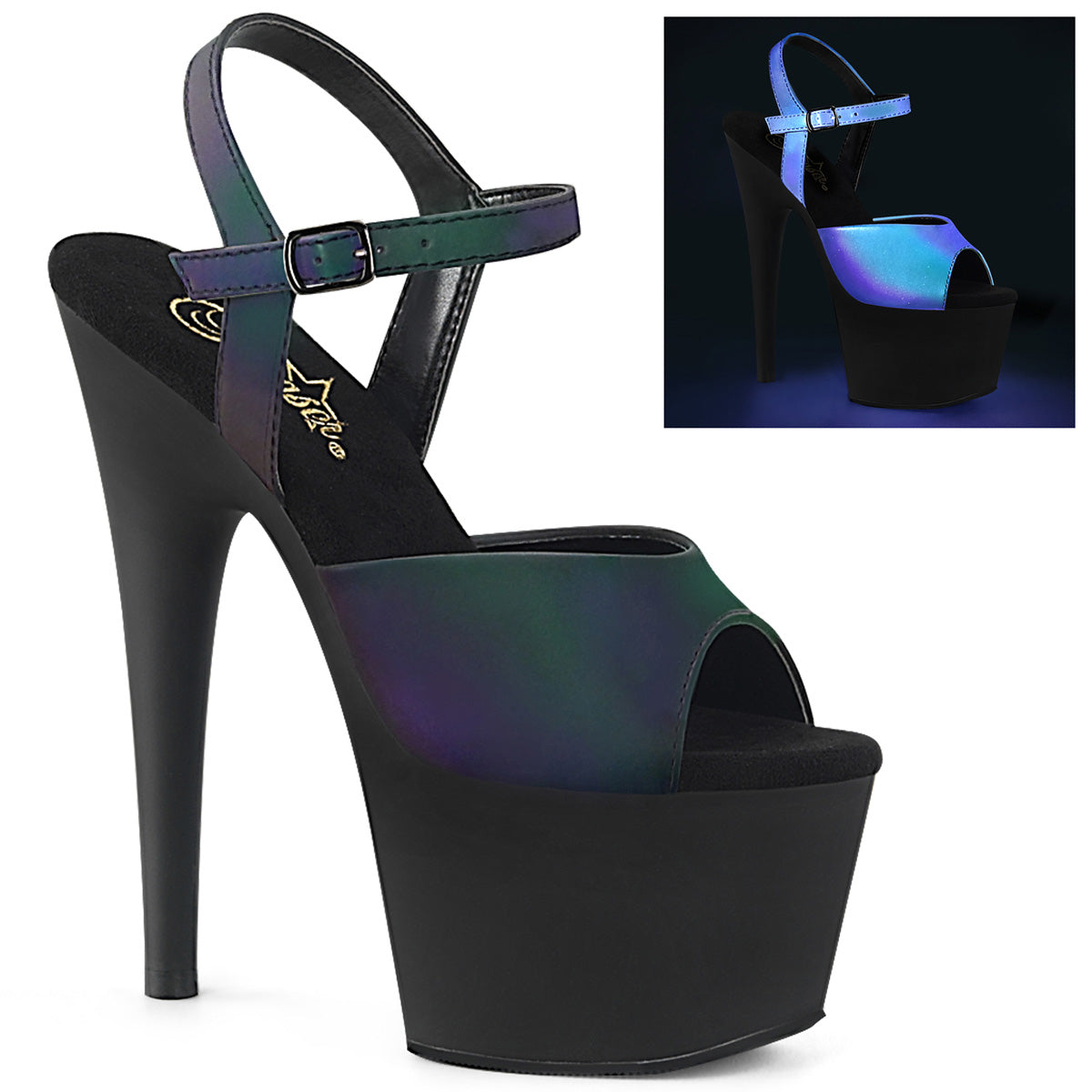 Pleaser Sandalias para mujer ADORE-709REFL GREEN MULTI reflectante / BLK MATE