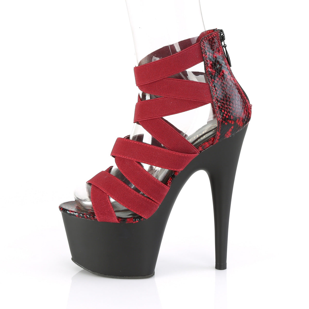 Pleaser Sandalias para mujer ADORE-748SP Wine Elastic Band-Snake Print pat / blk mate