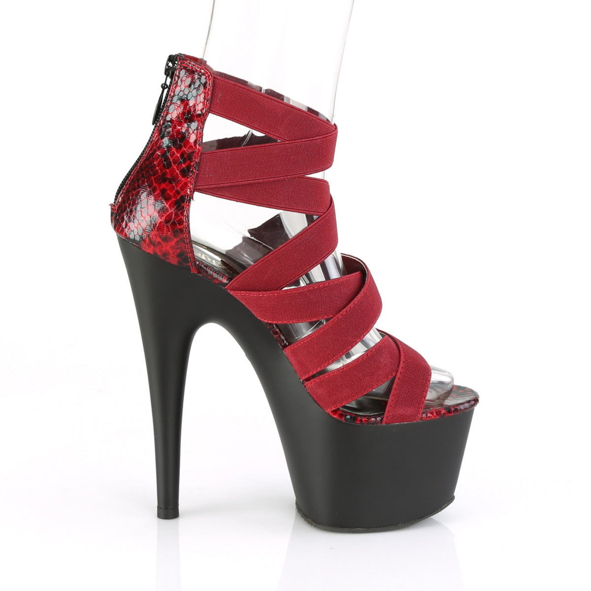 Pleaser Sandalias para mujer ADORE-748SP Wine Elastic Band-Snake Print pat / blk mate