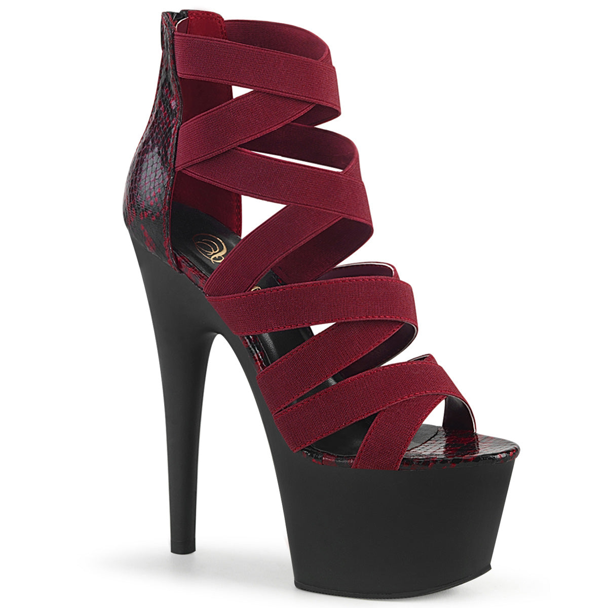 Pleaser Sandalias para mujer ADORE-748SP Wine Elastic Band-Snake Print pat / blk mate