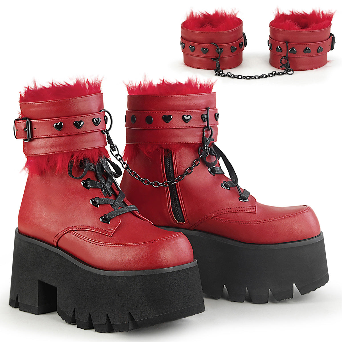 DemoniaCult Botas de tobillo para mujeres ASHES-57 cuero vegano rojo