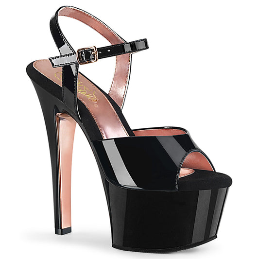 Pleaser Sandalias para mujer ASPIRE-609tt Blk Pat / Blk-Rose Gold Chrome