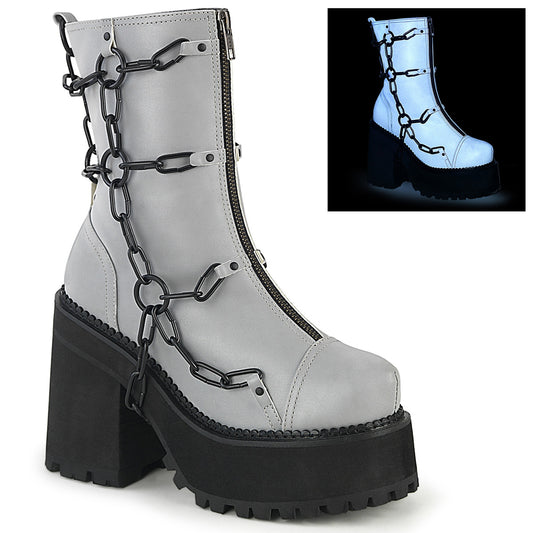 DemoniaCult Botas de tobillo para mujeres ASSAULT-66 cuero vegano reflectante gris
