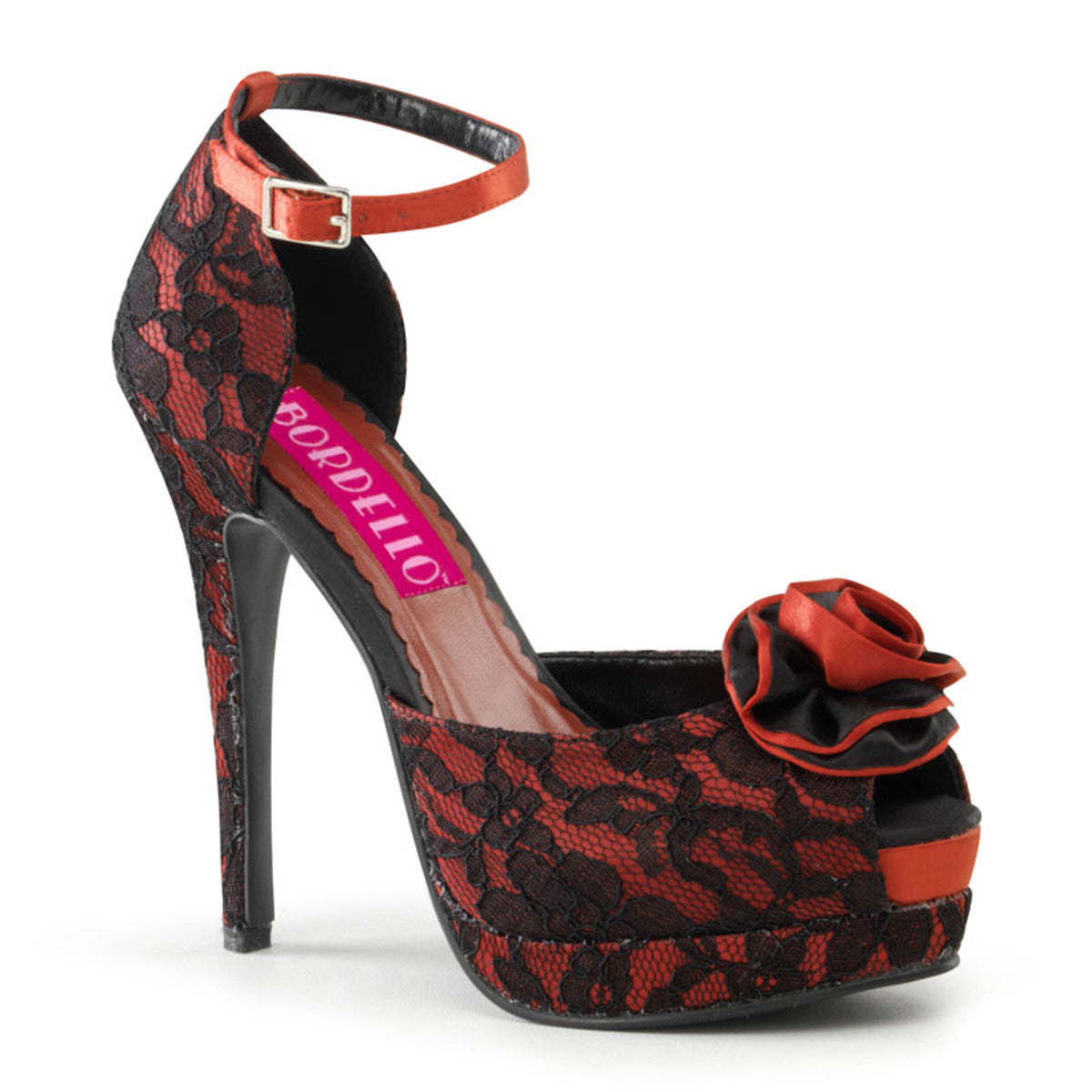 Bordello Bombas para mujer BELLA-17 encaje rojo satinado-blk