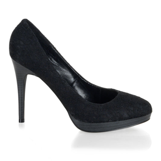 Pin Up Couture Bombas para mujer BLISS-30-2 Blk Satin-Black Lace