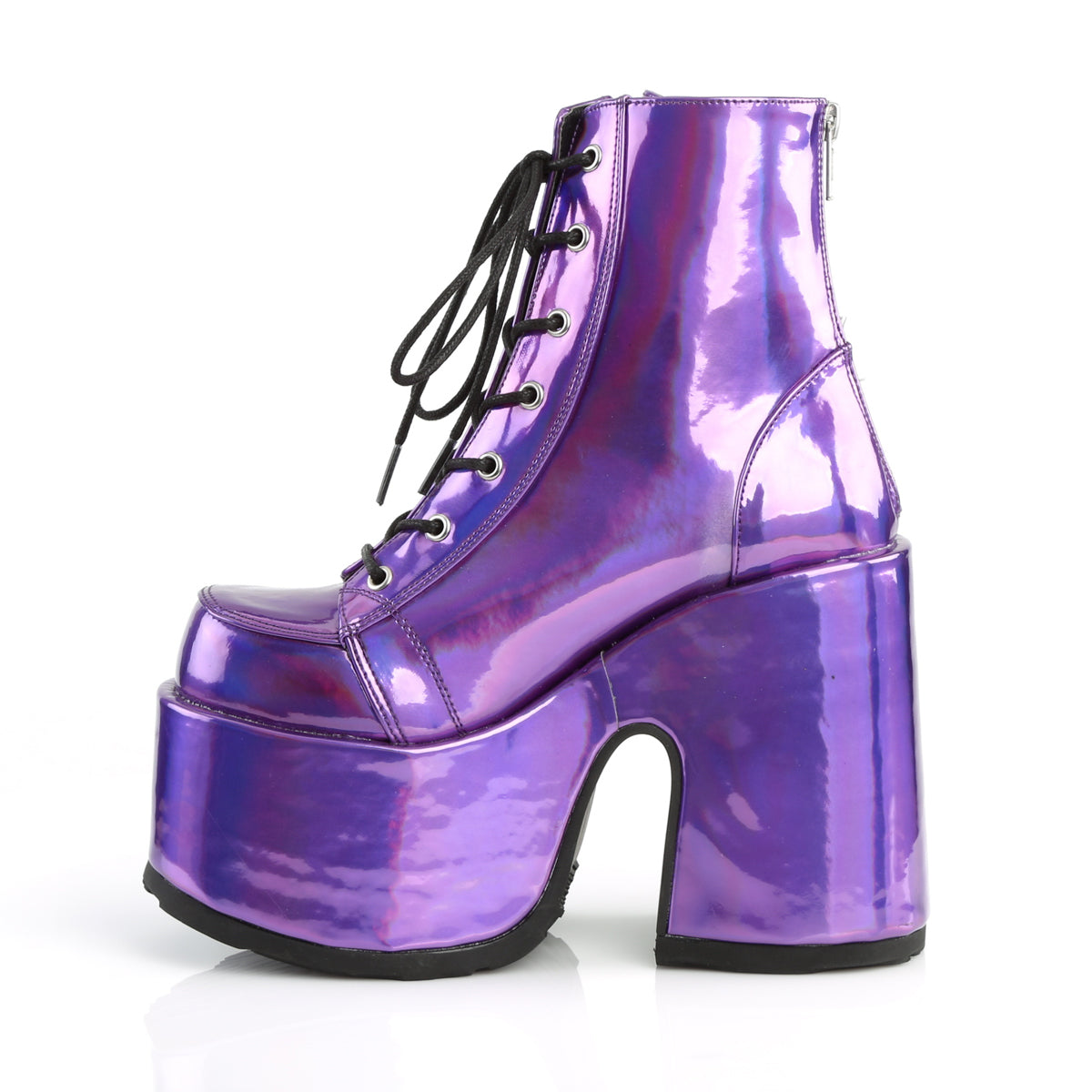 DemoniaCult Botas de tobillo para mujeres CAMEL-203 cuero vegano de holograma púrpura