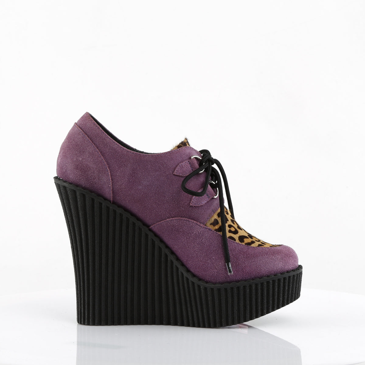 DemoniaCult Womens Low Shoe CREEPER-304 Purple Vegan Suede-Leopard Printed Pony Hair