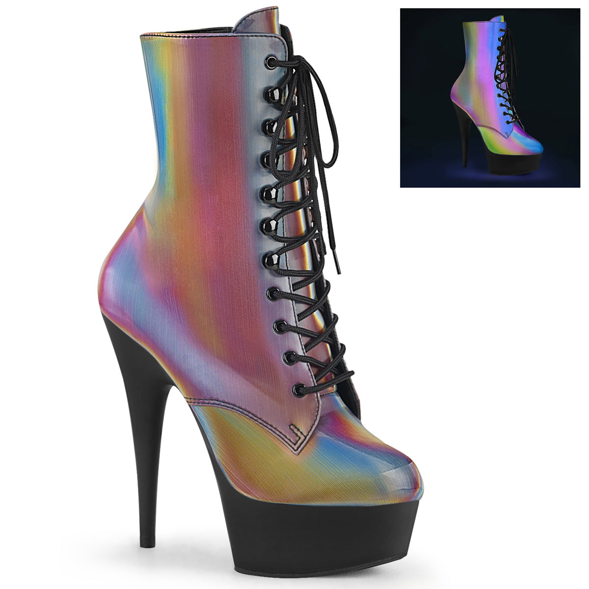 Pleaser Botas de tobillo para mujer DELIGHT-1020Reffl Rainbow Reflectante / blk mate