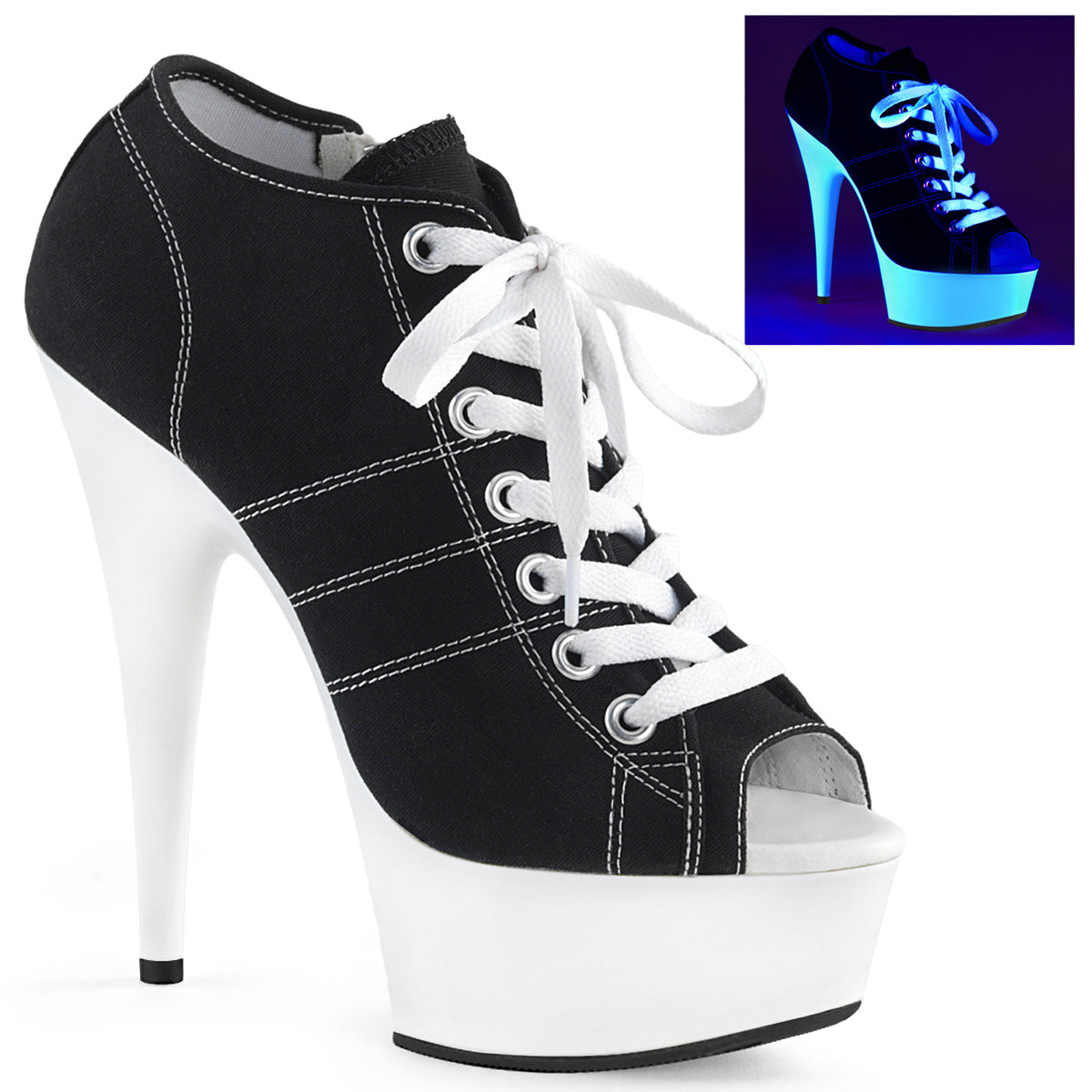 Pleaser Sandalias para mujer DELIGHT-600sk-01 lienzo blk / white neon