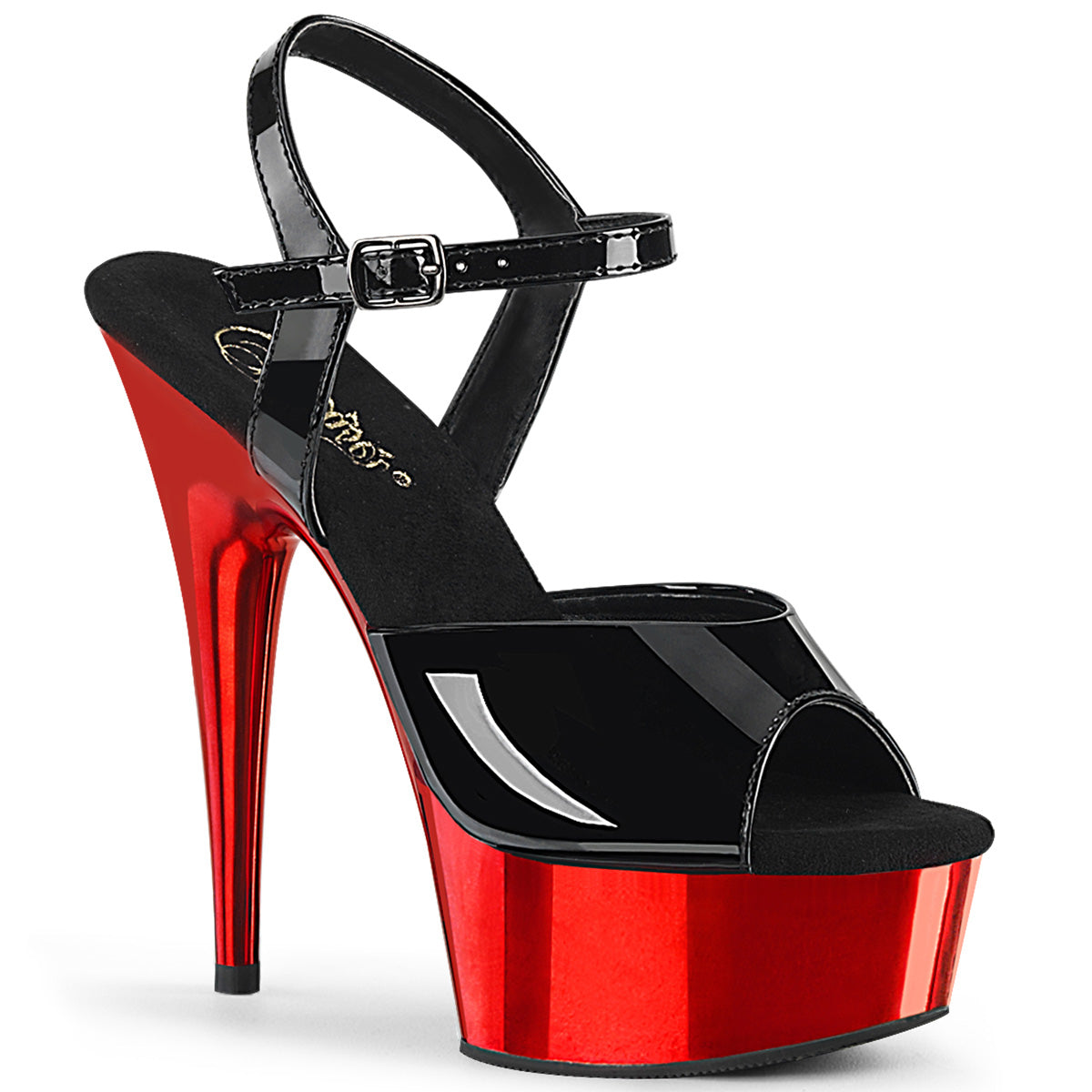 Pleaser Sandalias para mujer DELIGHT-609 Blk Pat / Red Chrome