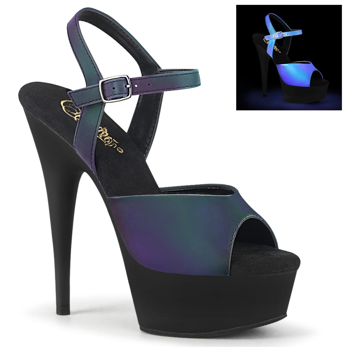 Pleaser Sandalias para mujer DELIGHT-609refl Green Multi reflectante / BLK MATE