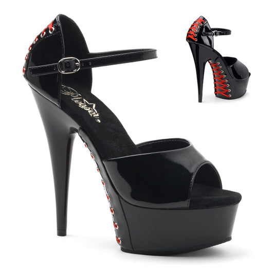 Pleaser Sandalias para mujer DELIGHT-660FH BLK PAT / BLK (encaje rojo)