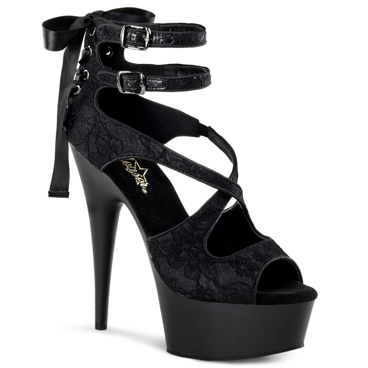 Pleaser Womens Sandals DELIGHT-678LC Blk Satin-Lace/Blk Matte