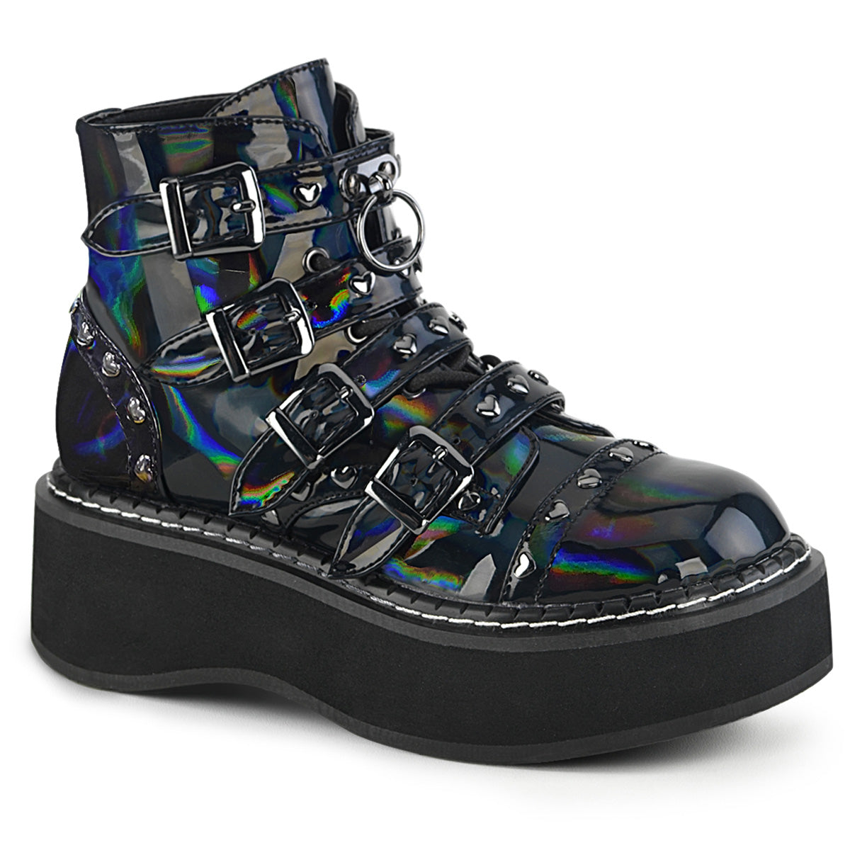 DemoniaCult Botas de tobillo para mujeres EMILY-315 BLK Hologram cuero vegano