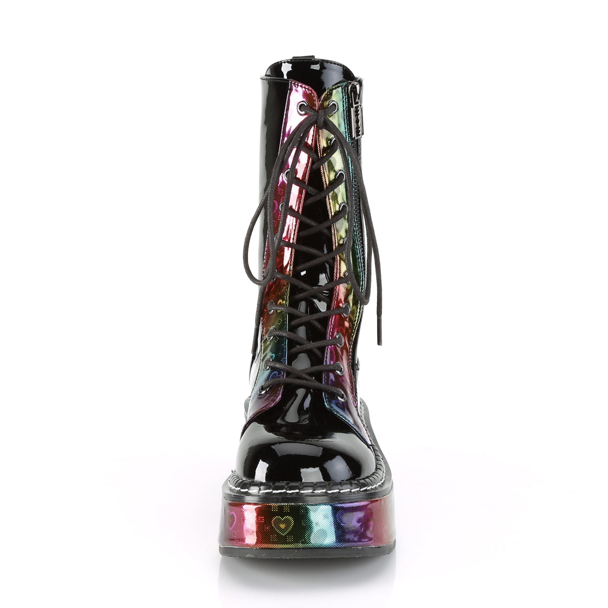 DemoniaCult Botas de mujer EMILY-350 Blk Pat-Rainbow Holograma con corazones