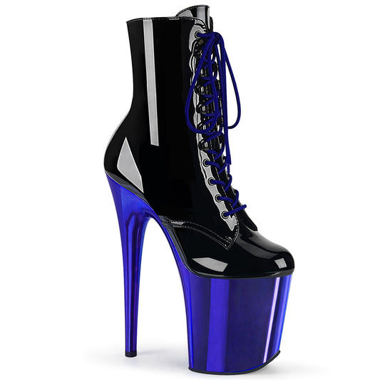 Pleaser Botas de tobillo para mujer FLAMINGO-1020 BLK PAT / Royal Blue Chrome