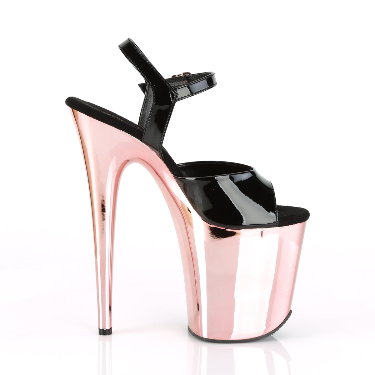 Pleaser Womens Sandals FLAMINGO-809 Blk Pat/Rose Gold Chrome