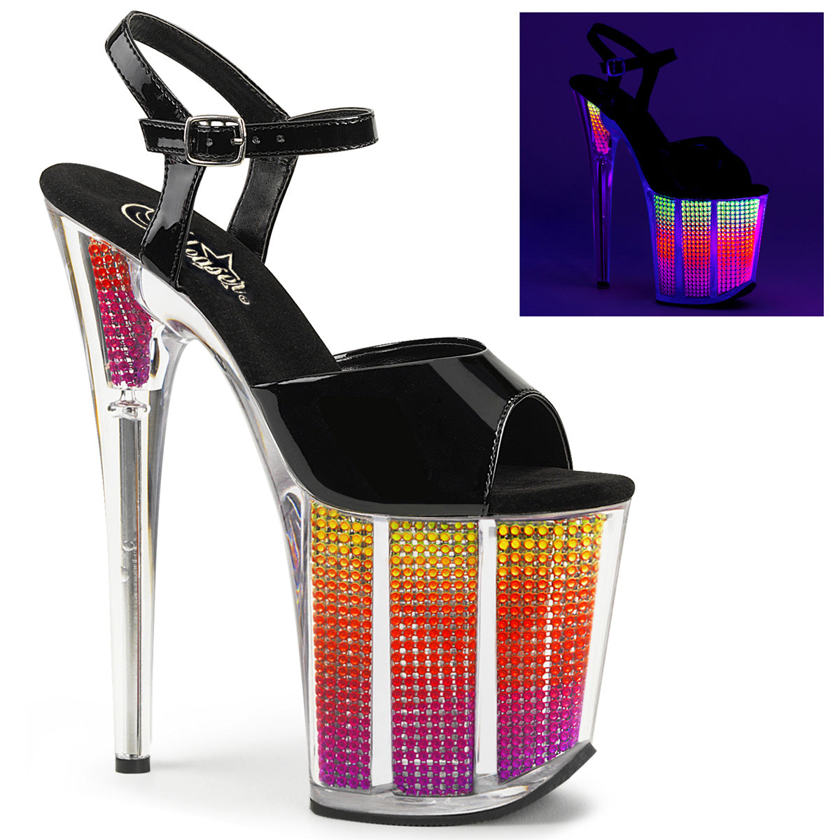 Pleaser Sandalias para mujer FLAMINGO-809SRS BLK PAT / NEON MULTIS SRS