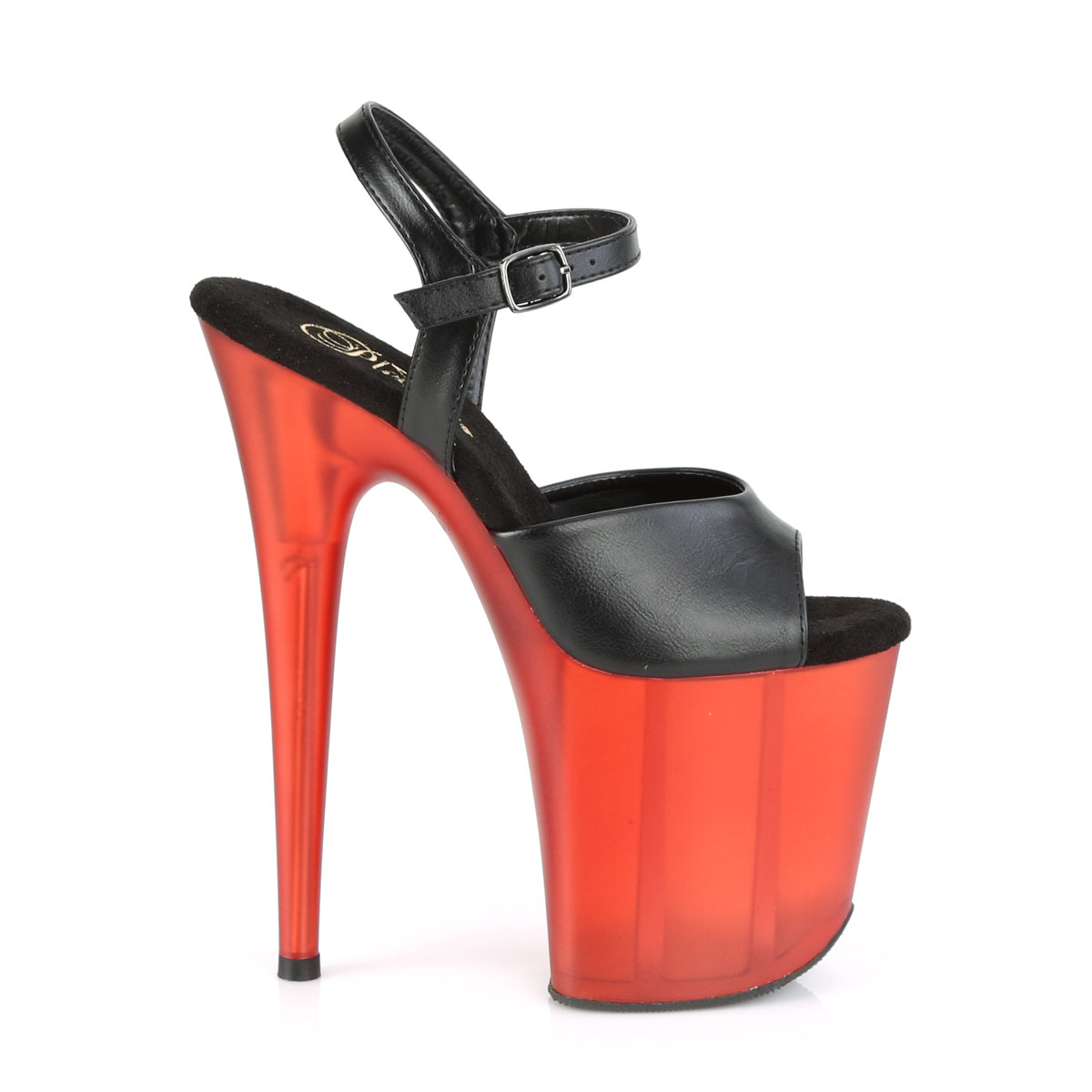Pleaser Womens Sandals FLAMINGO-809T Blk Faux Leather/Frosted Red