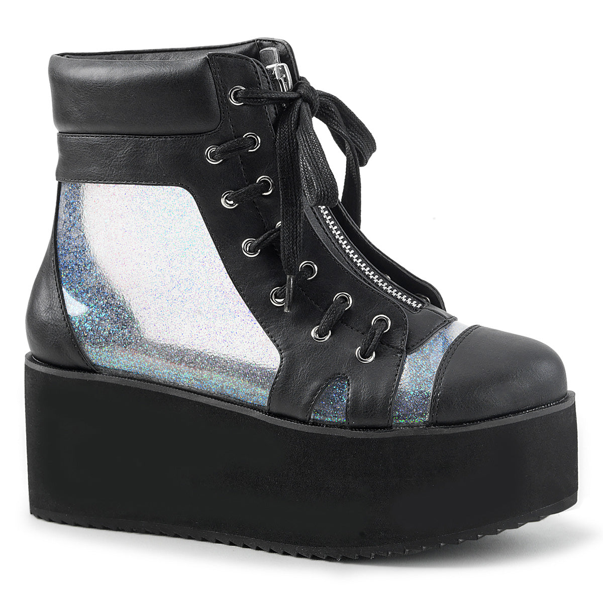 DemoniaCult Botas de tobillo para mujeres GRIP-102 BLK Vegan Leather-CLR Holograma TPU