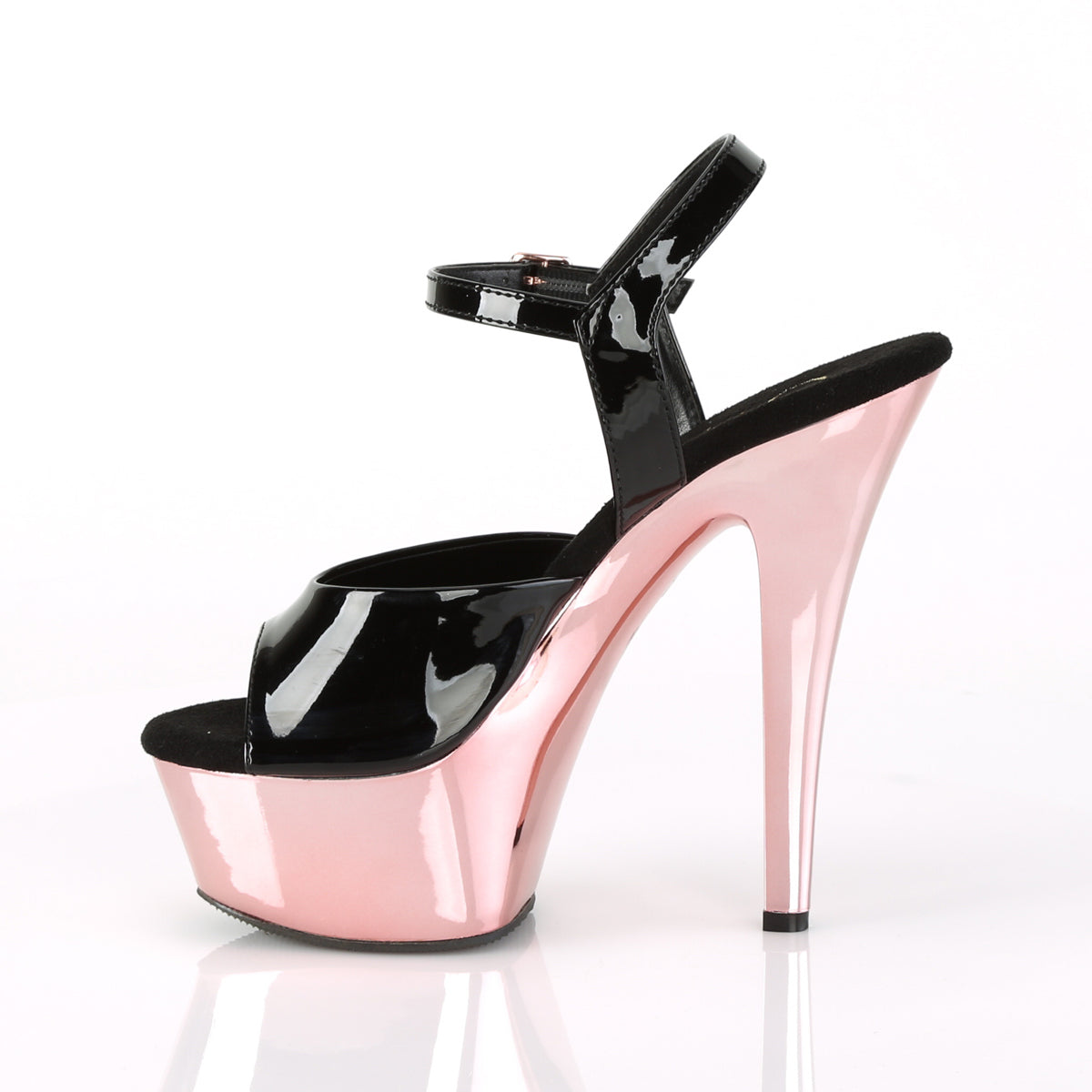Pleaser Womens Sandals KISS-209 Blk Pat/Rose Gold Chrome