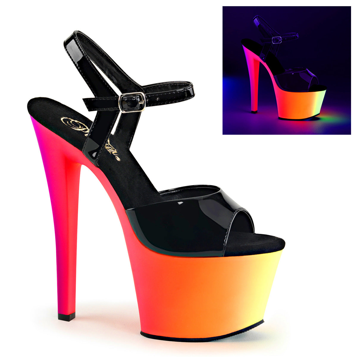 Pleaser Sandalias para mujer RAINBOW-309UV BLK BLK PAT / NEON MULTI