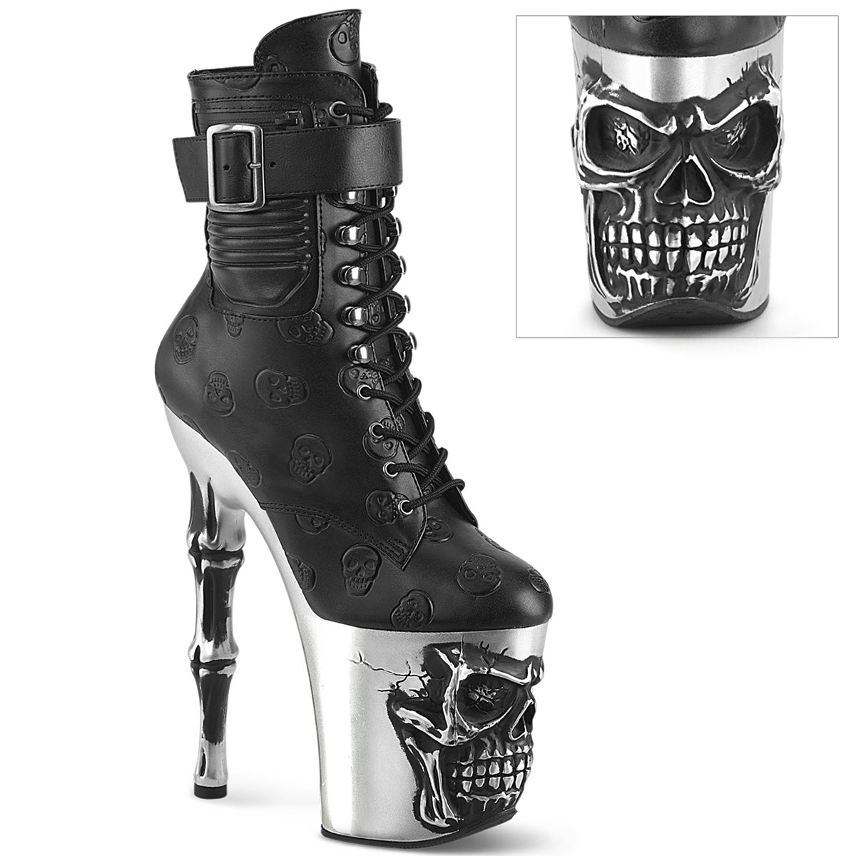 Pleaser Botines RAPTURE-1020STR-02 BLK Faux Leather/SLV Matte Rubeed BLK