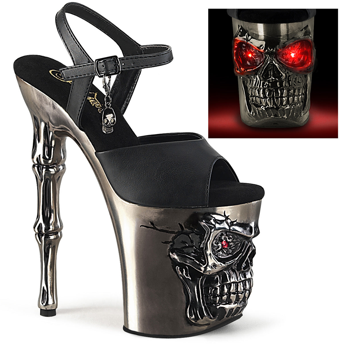 Pleaser Sandalias RAPTURE-809-lt BLK Faux Leather/Satin Pewter Chrome