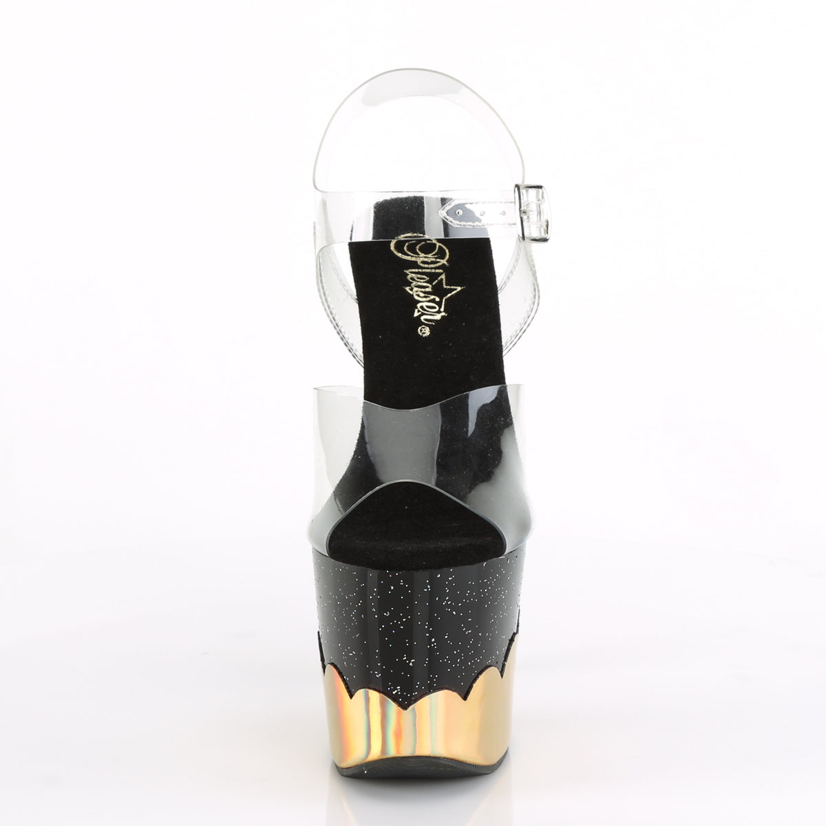 Pleaser Sandalias para mujer SCALLOP-708-2HGM CLR / Blk-Gold Hologram