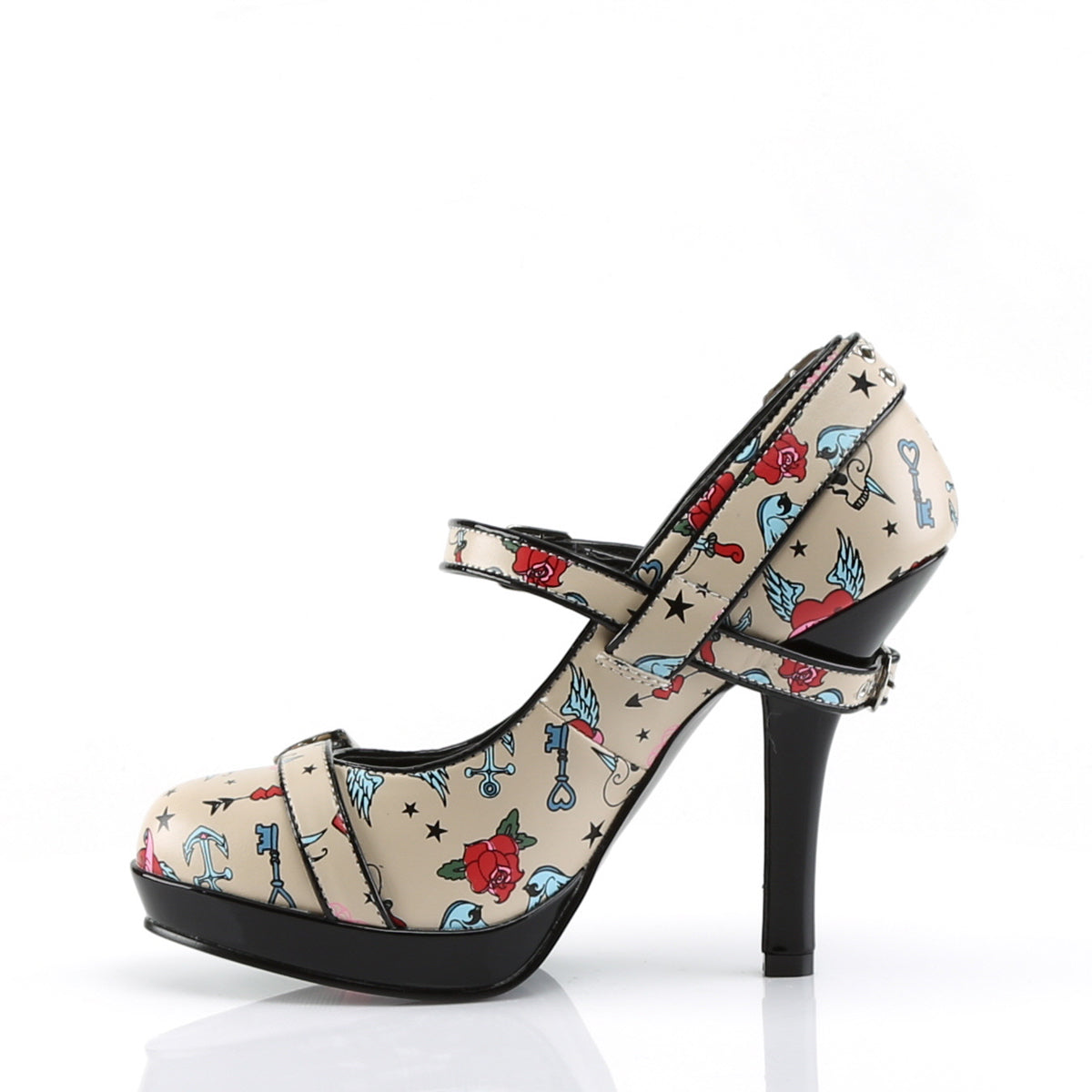 Pin Up Couture Bombas para mujer SECRET-14 Crema PU (Impresión de tatuajes)