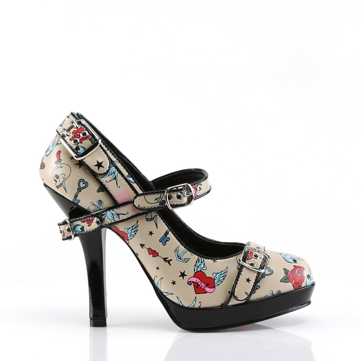 Pin Up Couture Bombas para mujer SECRET-14 Crema PU (Impresión de tatuajes)