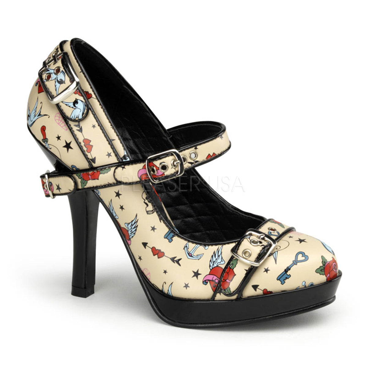 Pin Up Couture Bombas para mujer SECRET-14 Crema PU (Impresión de tatuajes)