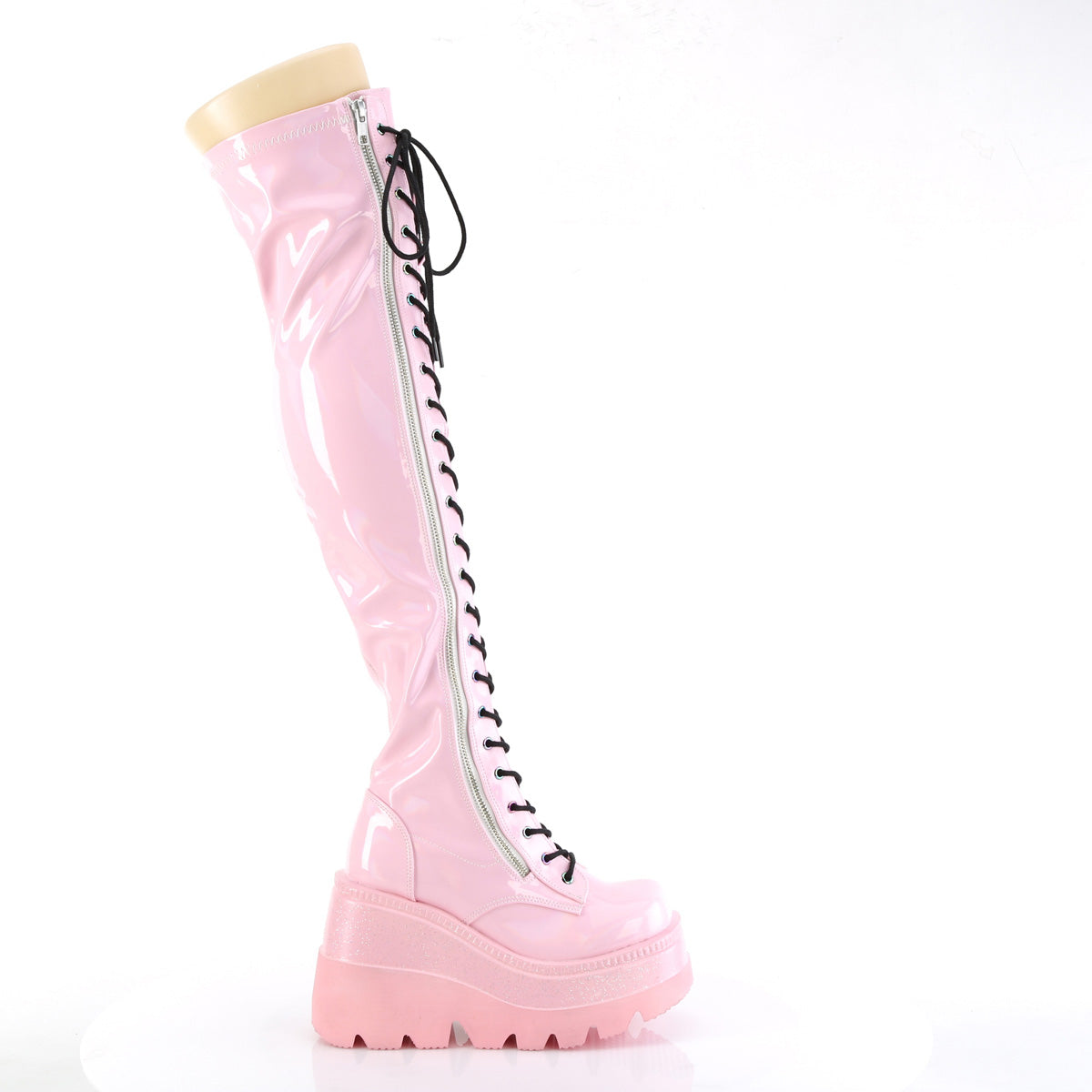 DemoniaCult Botas de mujer SHAKER-374 B. Patente de estiramiento de holograma rosa