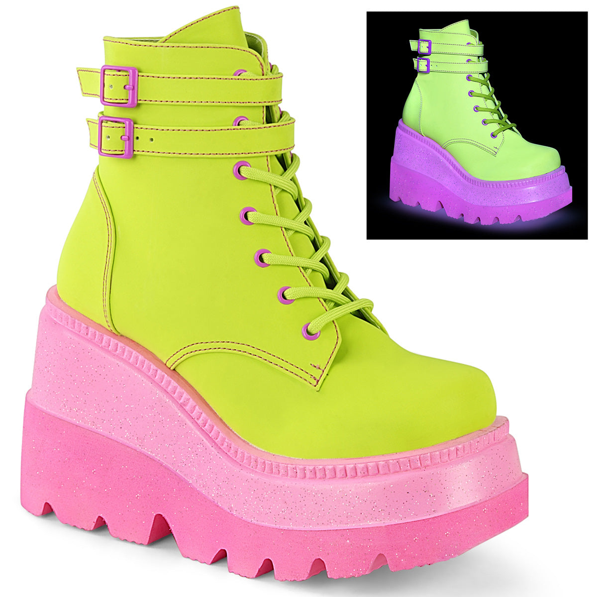 DemoniaCult Botas de mujer SHAKER-52 lima de cuero vegano reflectante/rosa