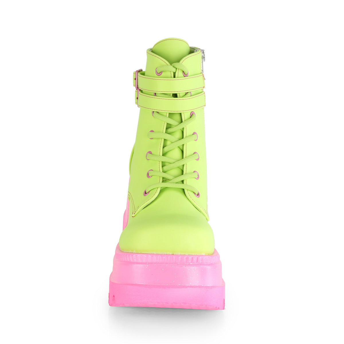 DemoniaCult Botas de mujer SHAKER-52 lima de cuero vegano reflectante/rosa