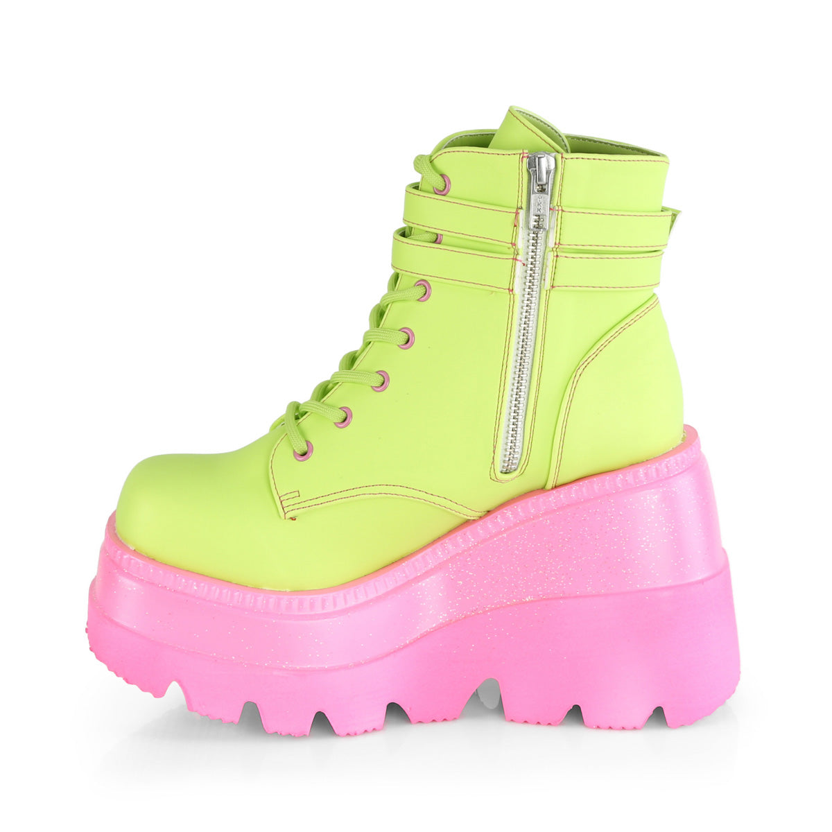 DemoniaCult Botas de mujer SHAKER-52 lima de cuero vegano reflectante/rosa