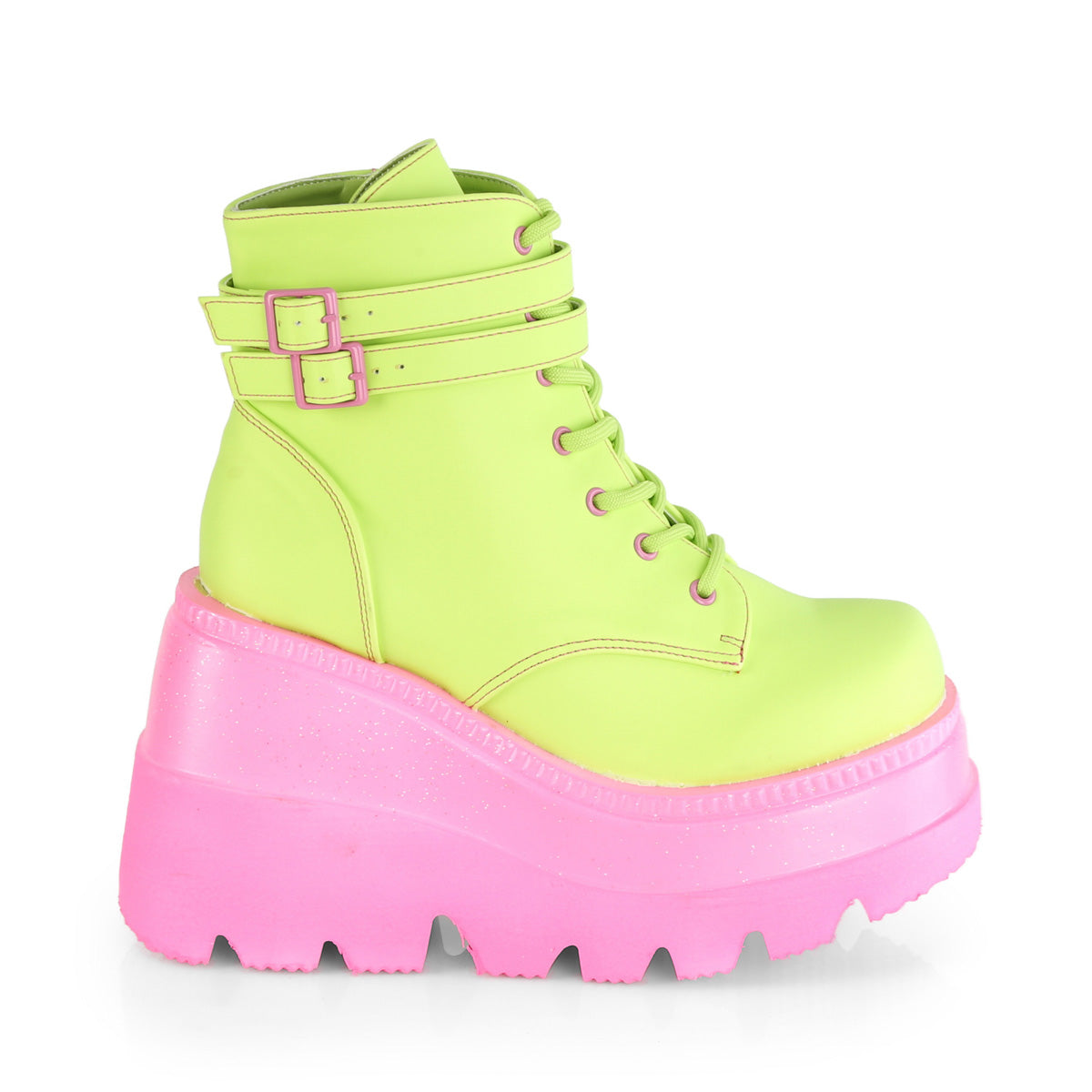 DemoniaCult Botas de mujer SHAKER-52 lima de cuero vegano reflectante/rosa