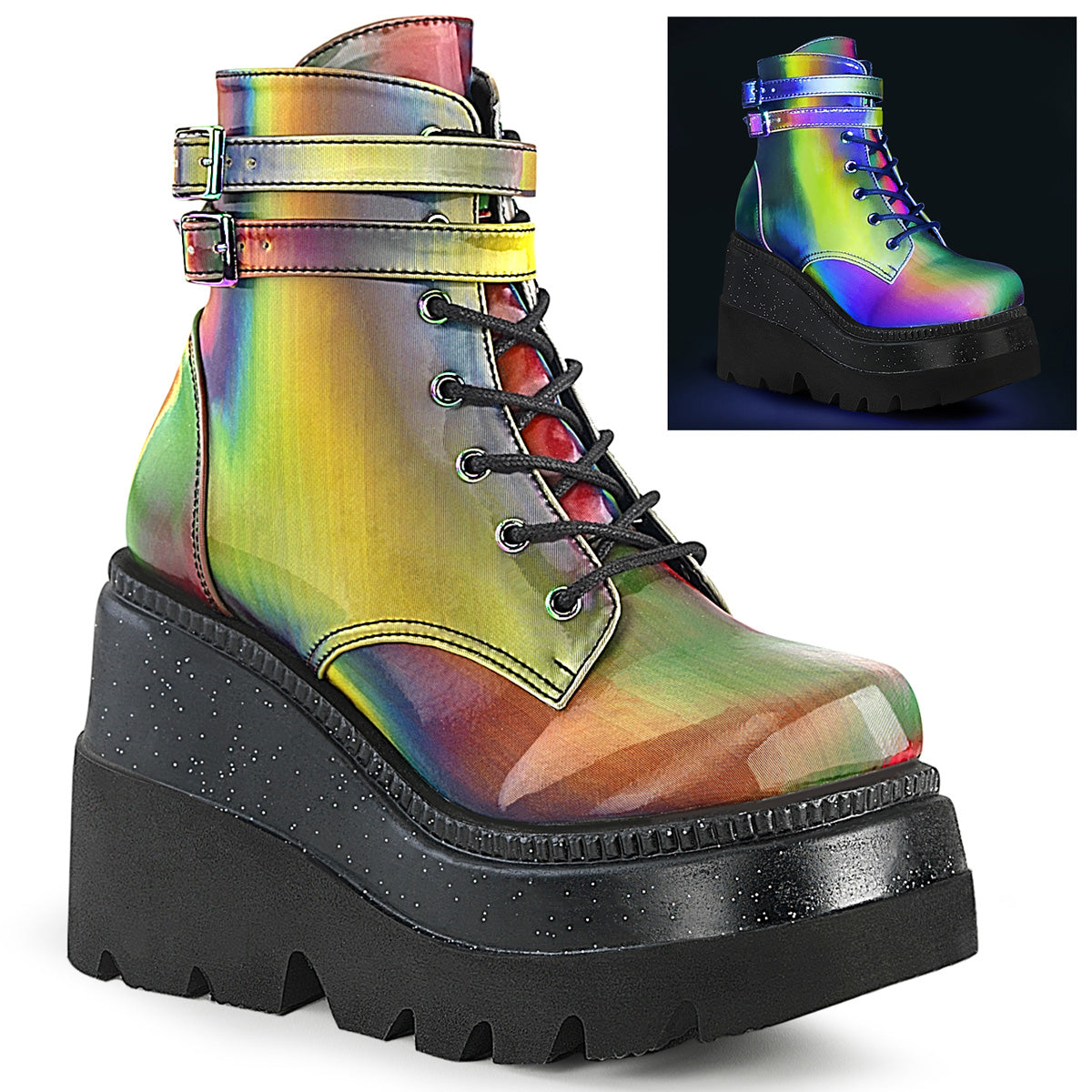 DemoniaCult Botas de tobillo para mujeres SHAKER-52 Rainbow reflexivo