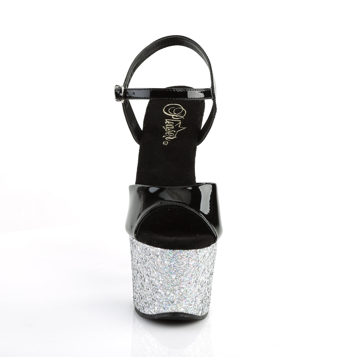 Pleaser Sandalias para mujer SKY-309lg BLK PAT / SLV Multi Brillo
