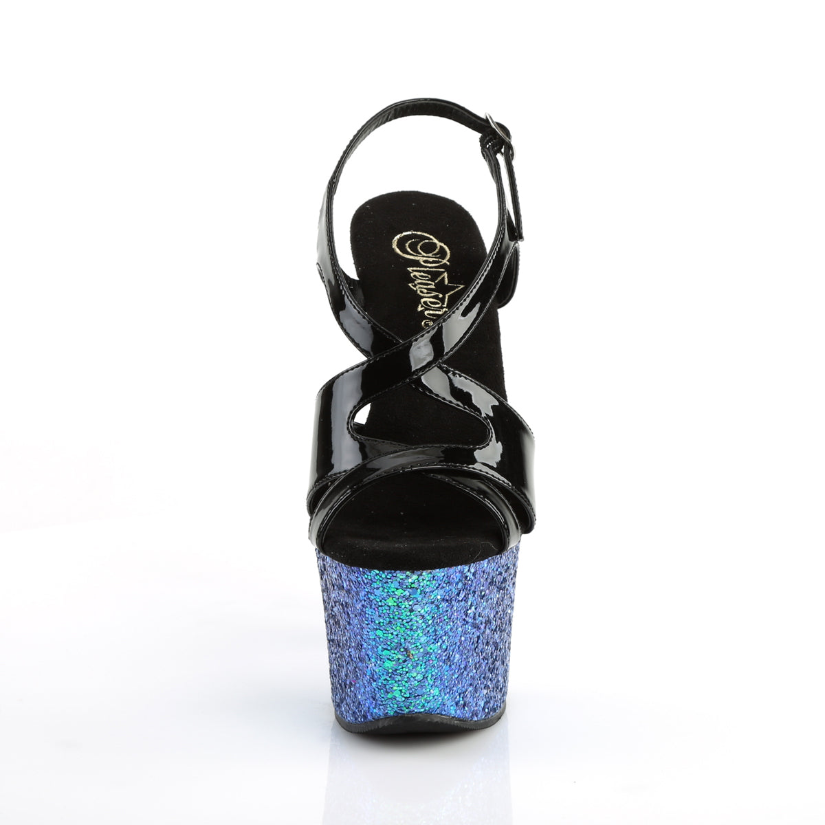 Pleaser Sandalias para mujer SKY-330lg Blk Blk Pat / Blue Multi Brillo