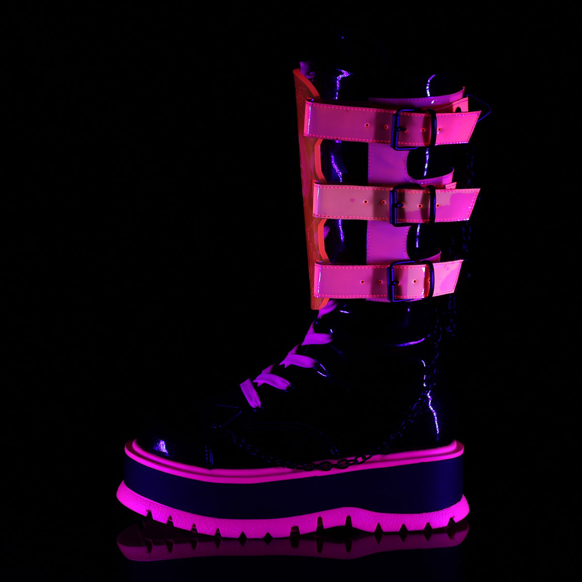 DemoniaCult Botas SLACKER-156 BLK Patente-UV Neon Pink