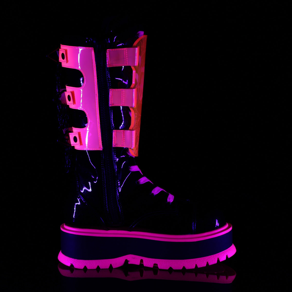 DemoniaCult Botas SLACKER-156 BLK Patente-UV Neon Pink