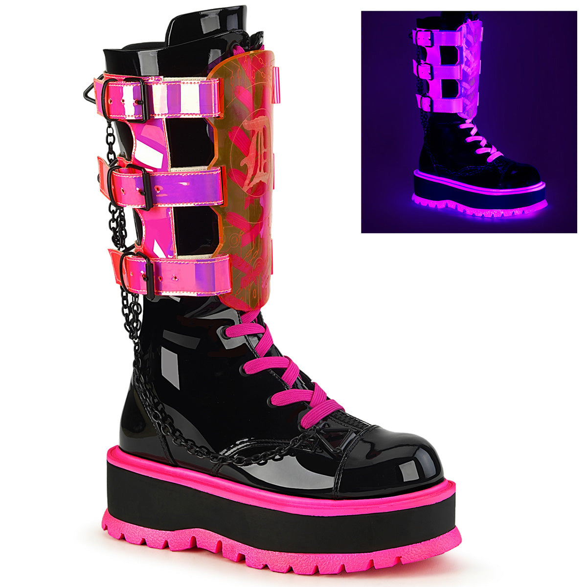 DemoniaCult Botas SLACKER-156 BLK Patente-UV Neon Pink