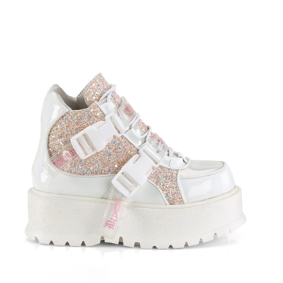 DemoniaCult Botines SLACKER-50 WHT holográfico Pat-B. Pink Multi Glitter
