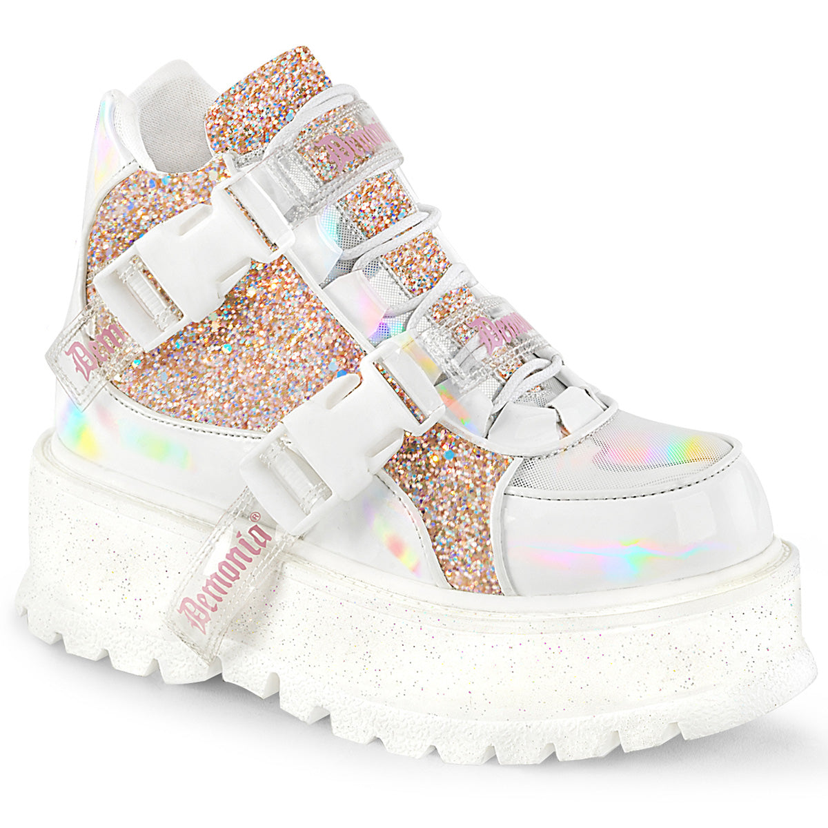 DemoniaCult Botines SLACKER-50 WHT holográfico Pat-B. Pink Multi Glitter