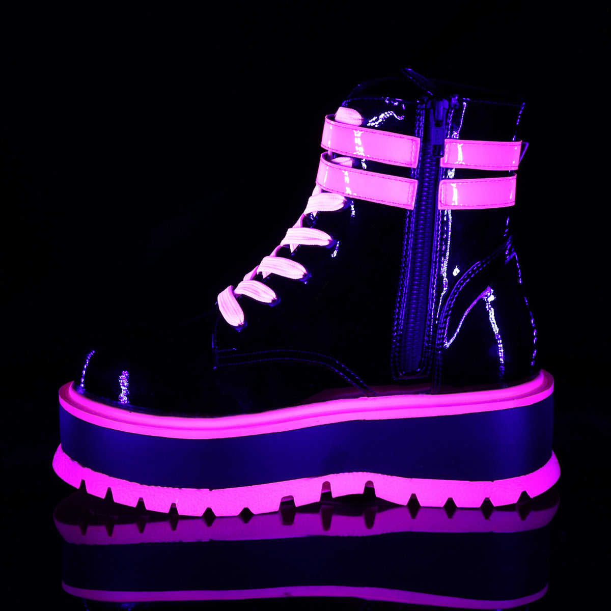 DemoniaCult Botas de tobillo para mujeres SLACKER-52 Blk Pat-UV Rosa iridiscente