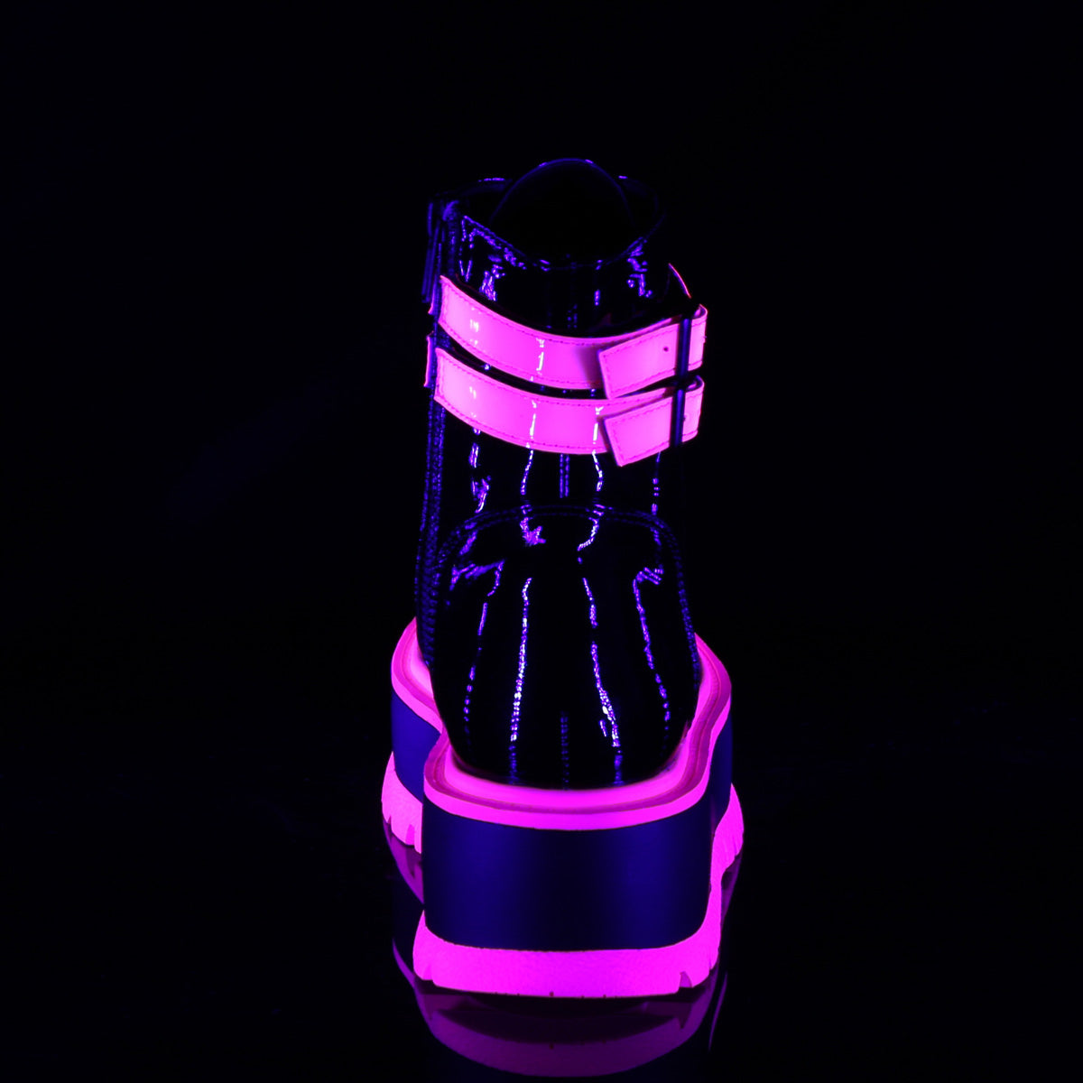 DemoniaCult Botas de tobillo para mujeres SLACKER-52 Blk Pat-UV Rosa iridiscente